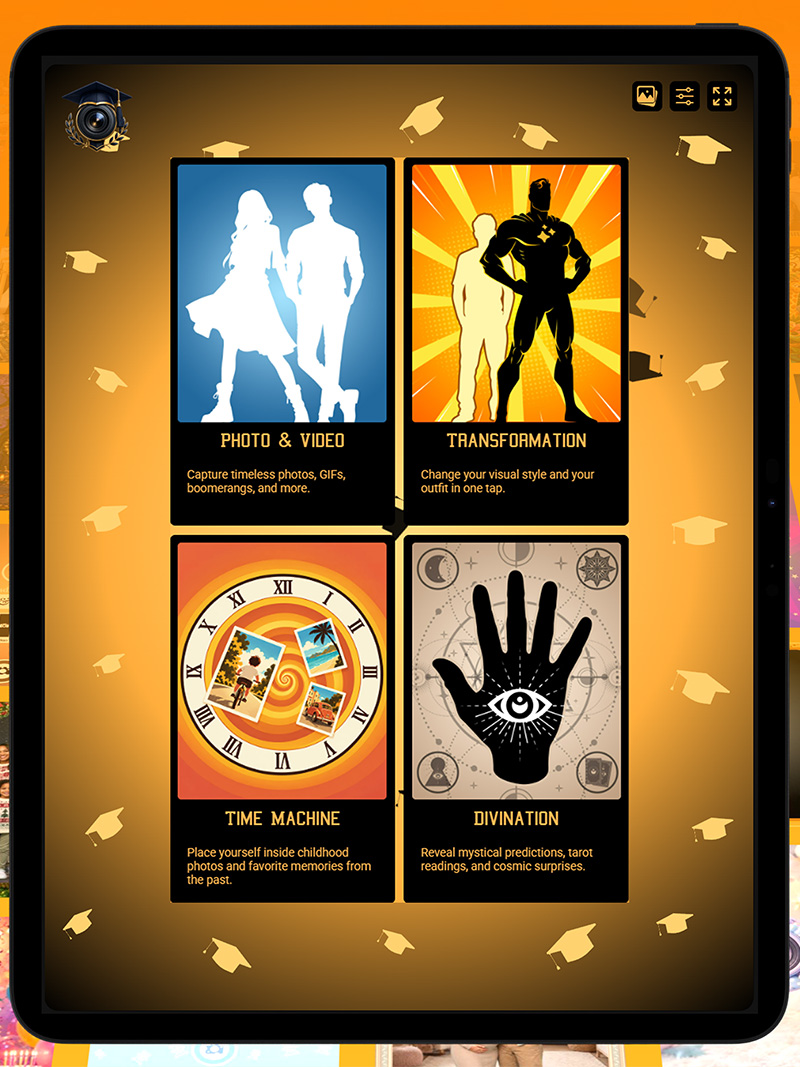 Chiz photo booth modes including photo, transformation, time machine, and divination